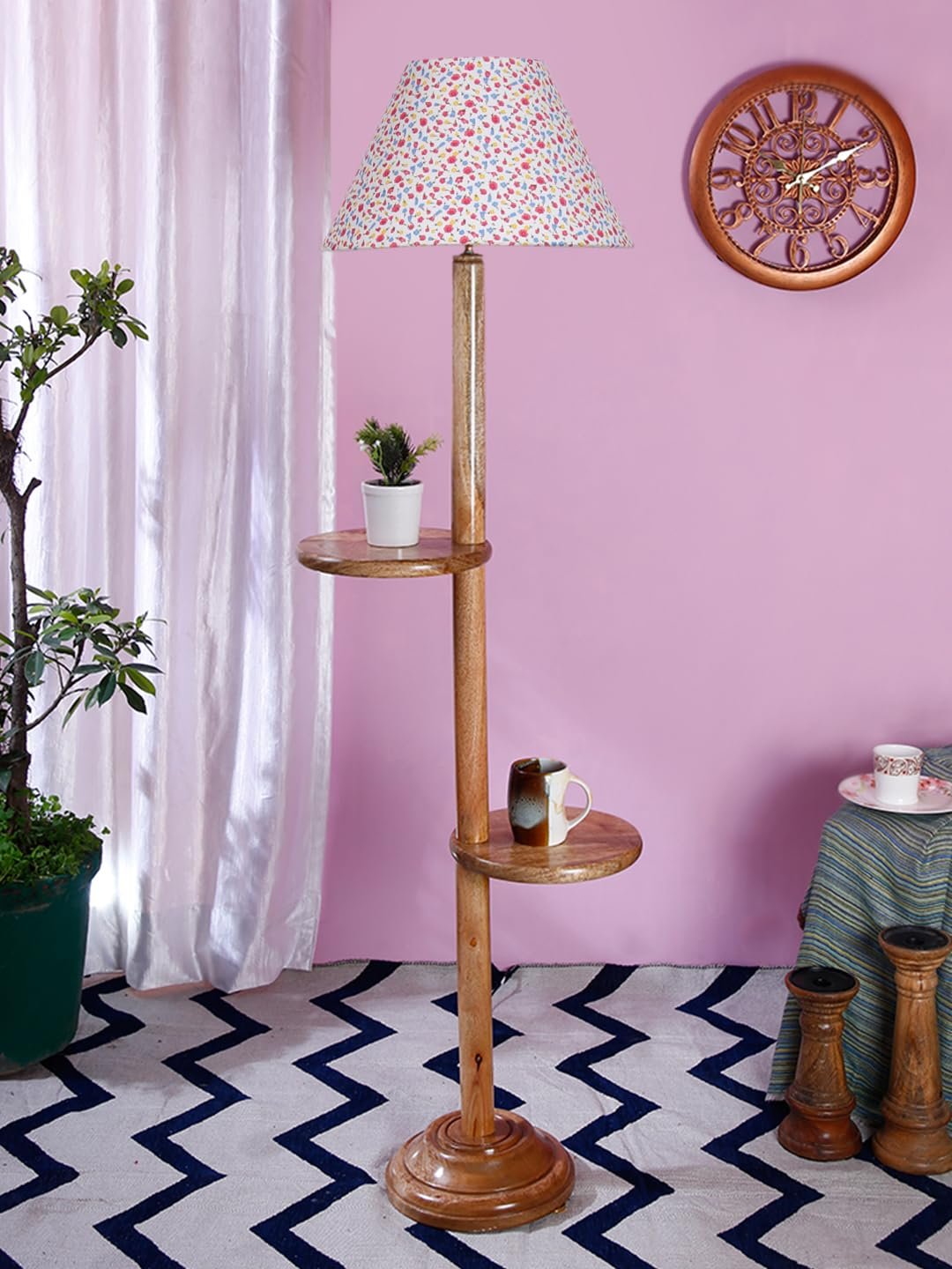 Printed Cotton Conical Wooden Floor Shelf Lamp -34(14x55.75inches) -