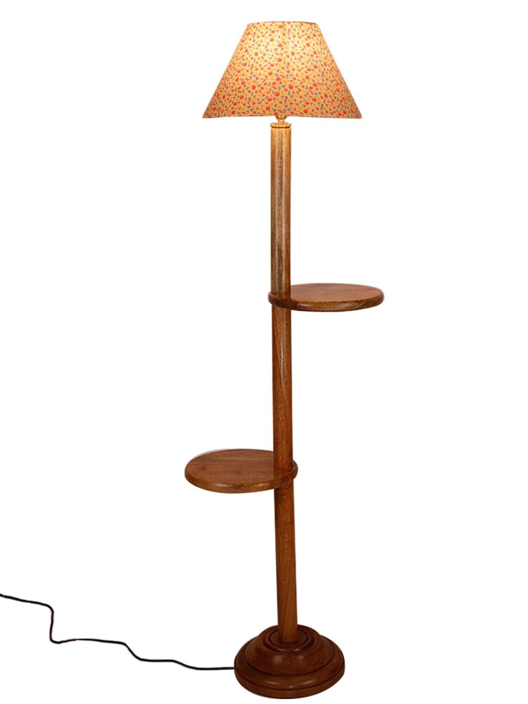 Printed Cotton Conical Wooden Floor Shelf Lamp -34(14x55.75inches) -