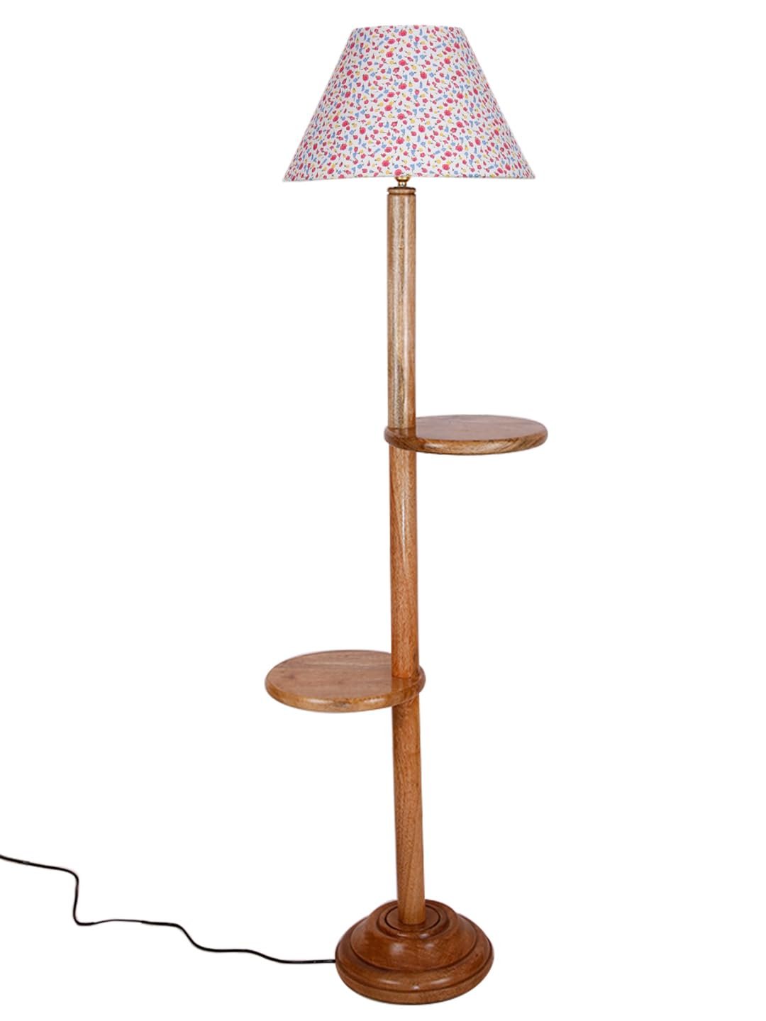 Printed Cotton Conical Wooden Floor Shelf Lamp -34(14x55.75inches) -
