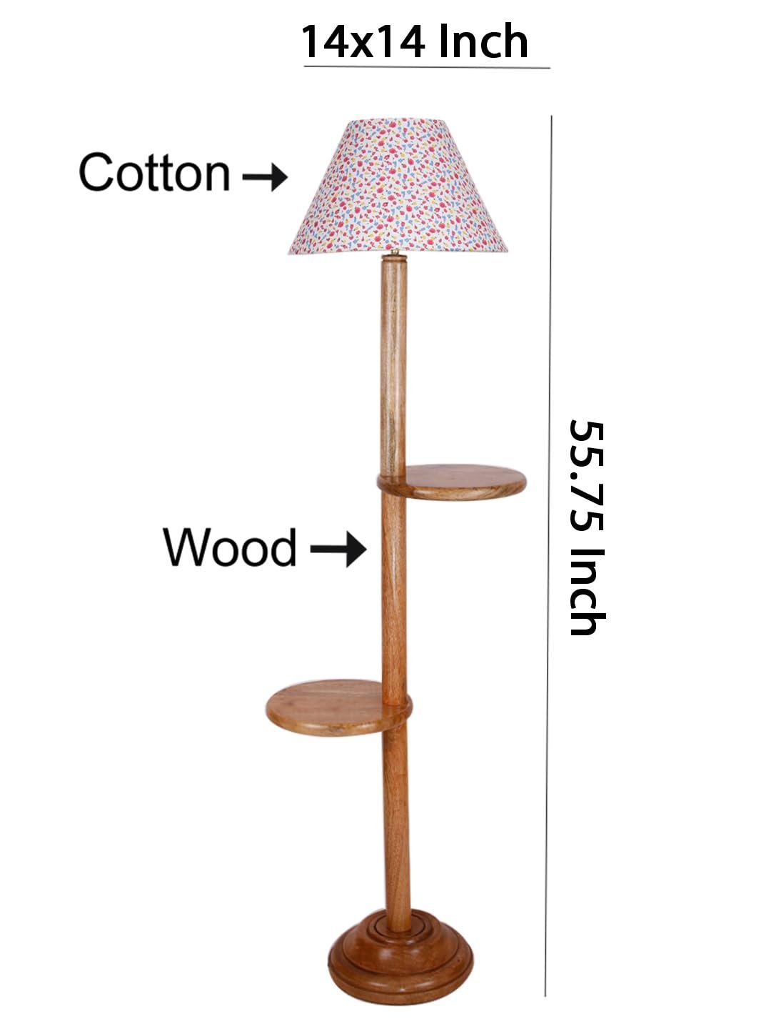 Printed Cotton Conical Wooden Floor Shelf Lamp -34(14x55.75inches) -