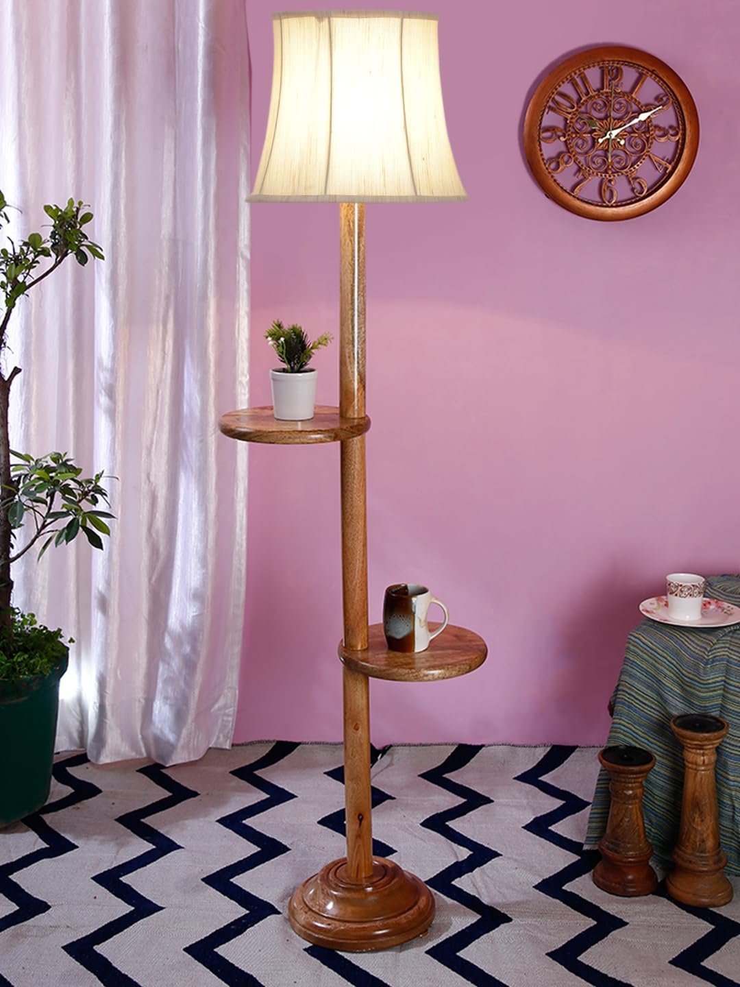 Soft Back Cotton Off-White Wooden Floor Shelf Lamp -53(12x56 Inches)-