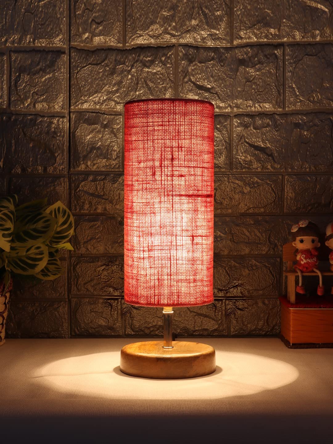 Wood Table lamp with Pink Jute Shade(48)