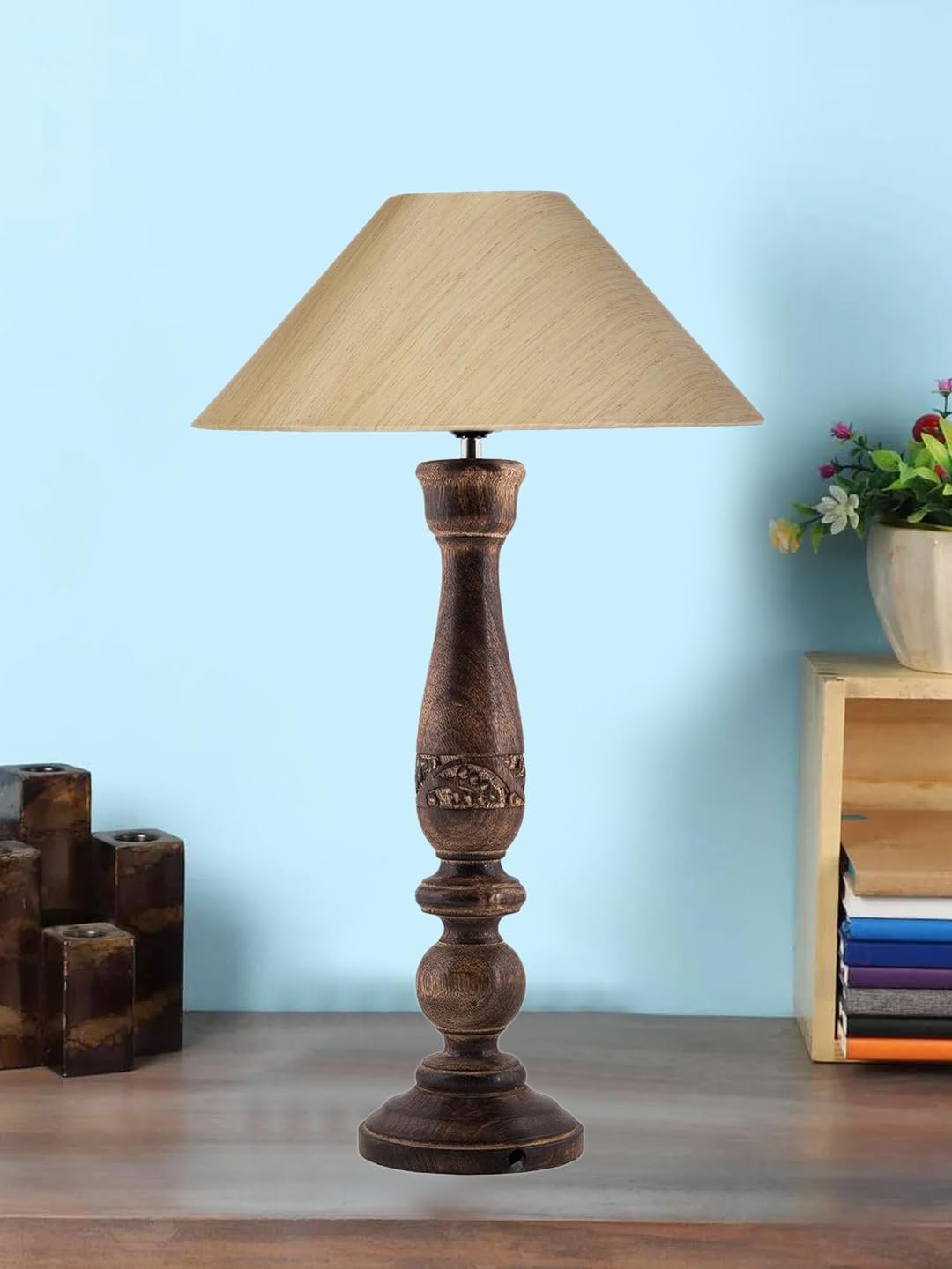 Coolie Off White Cotton Shade Lamp with Wood Base for Decoration/Office/Home/Gifting/Study for Decoration/Office/Home/Gifting/Study -(13x13x21) Inches -