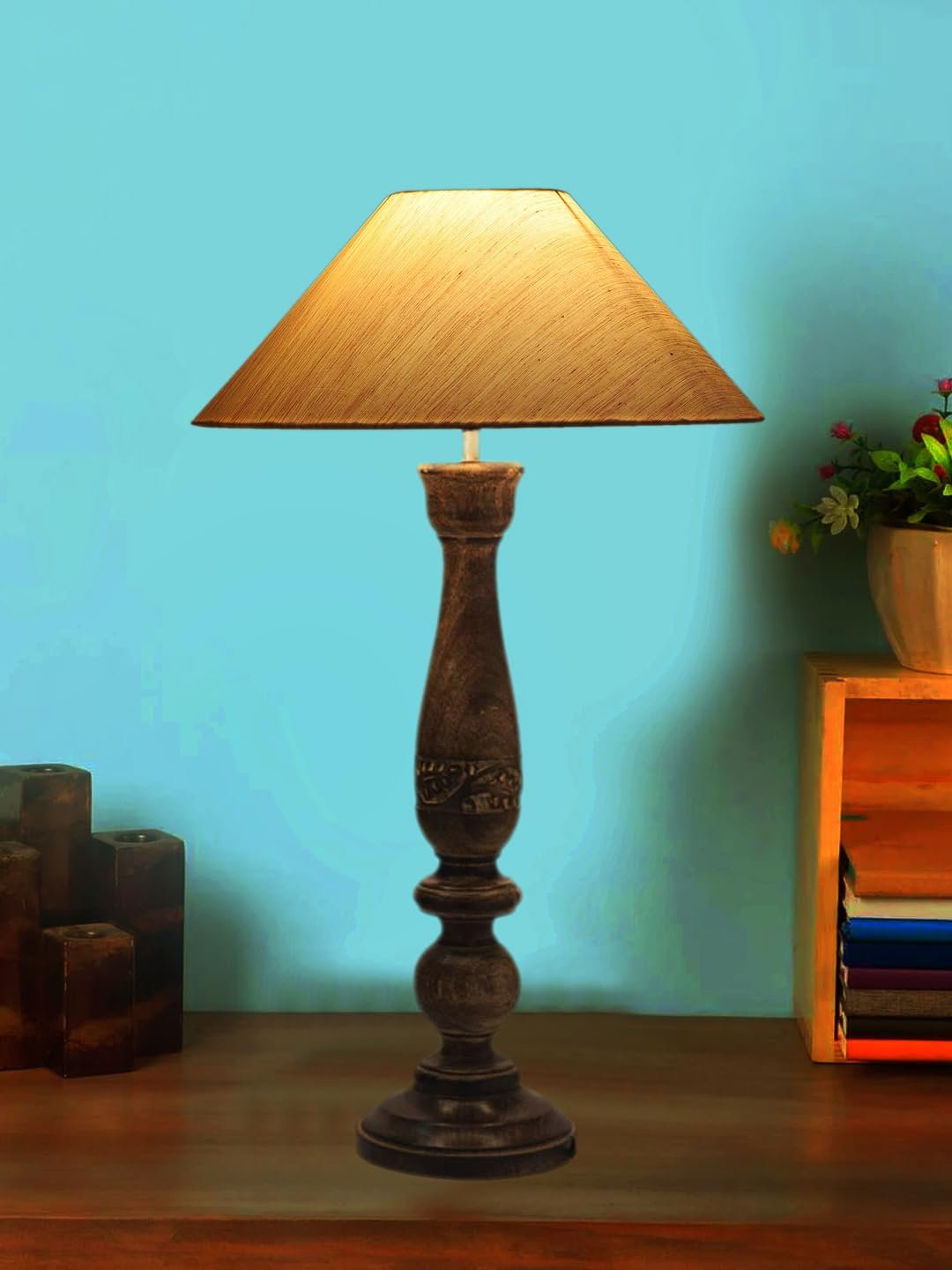 Coolie Off White Cotton Shade Lamp with Wood Base for Decoration/Office/Home/Gifting/Study for Decoration/Office/Home/Gifting/Study -(13x13x21) Inches -
