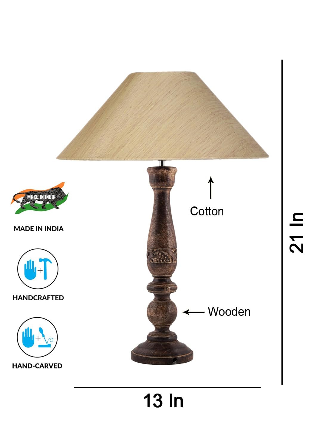 Coolie Off White Cotton Shade Lamp with Wood Base for Decoration/Office/Home/Gifting/Study for Decoration/Office/Home/Gifting/Study -(13x13x21) Inches -