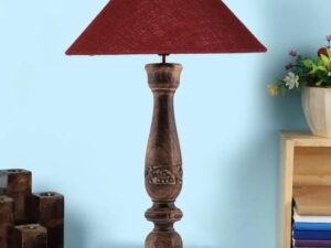 Coolie Maroon Jute Shade Lamp with Wood Base for Decoration/Office/Home/Gifting/Study for Office/Home/Gifting -(13x13x21) Inches -