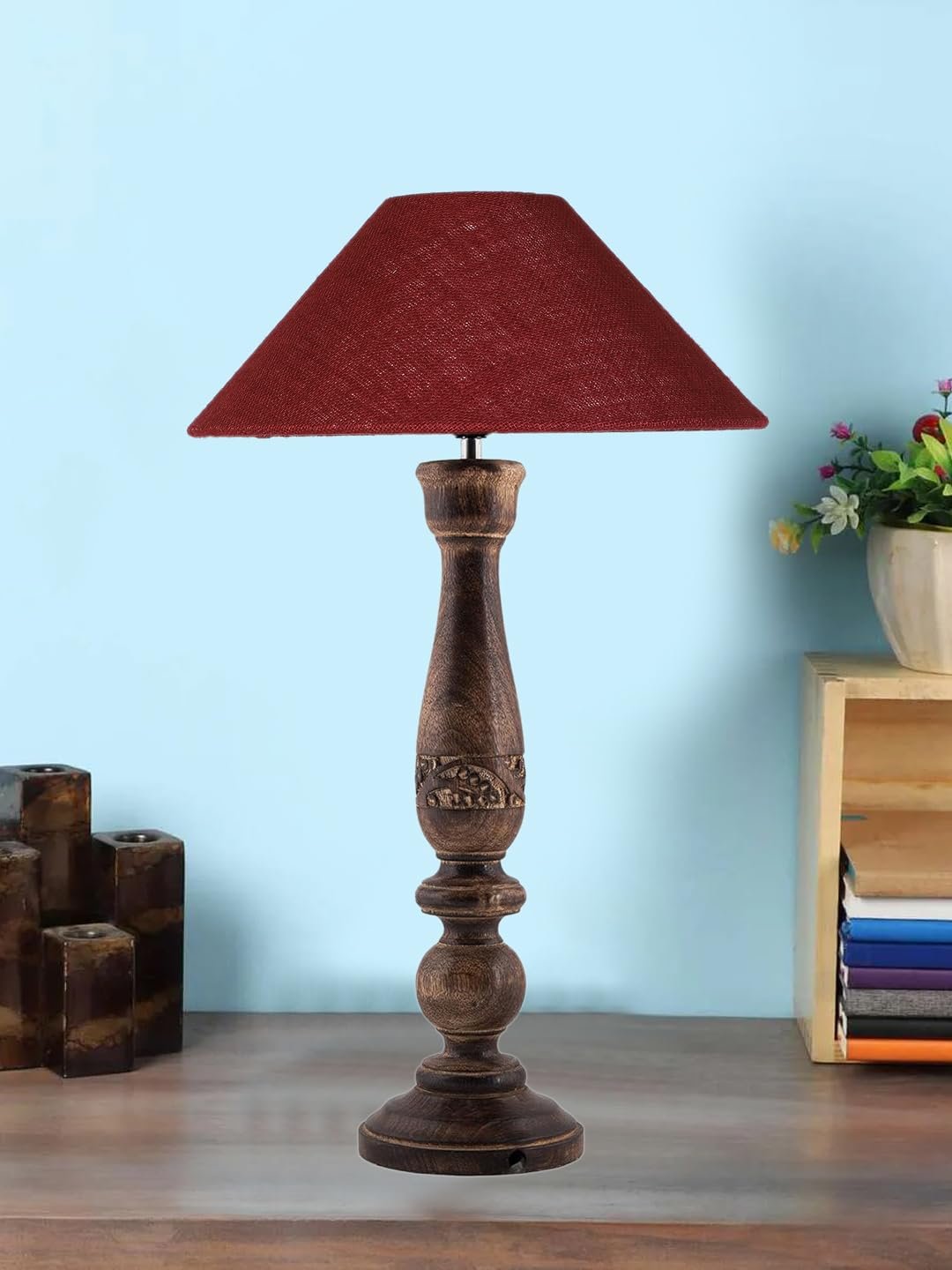 Coolie Maroon Jute Shade Lamp with Wood Base for Decoration/Office/Home/Gifting/Study for Office/Home/Gifting -(13x13x21) Inches -