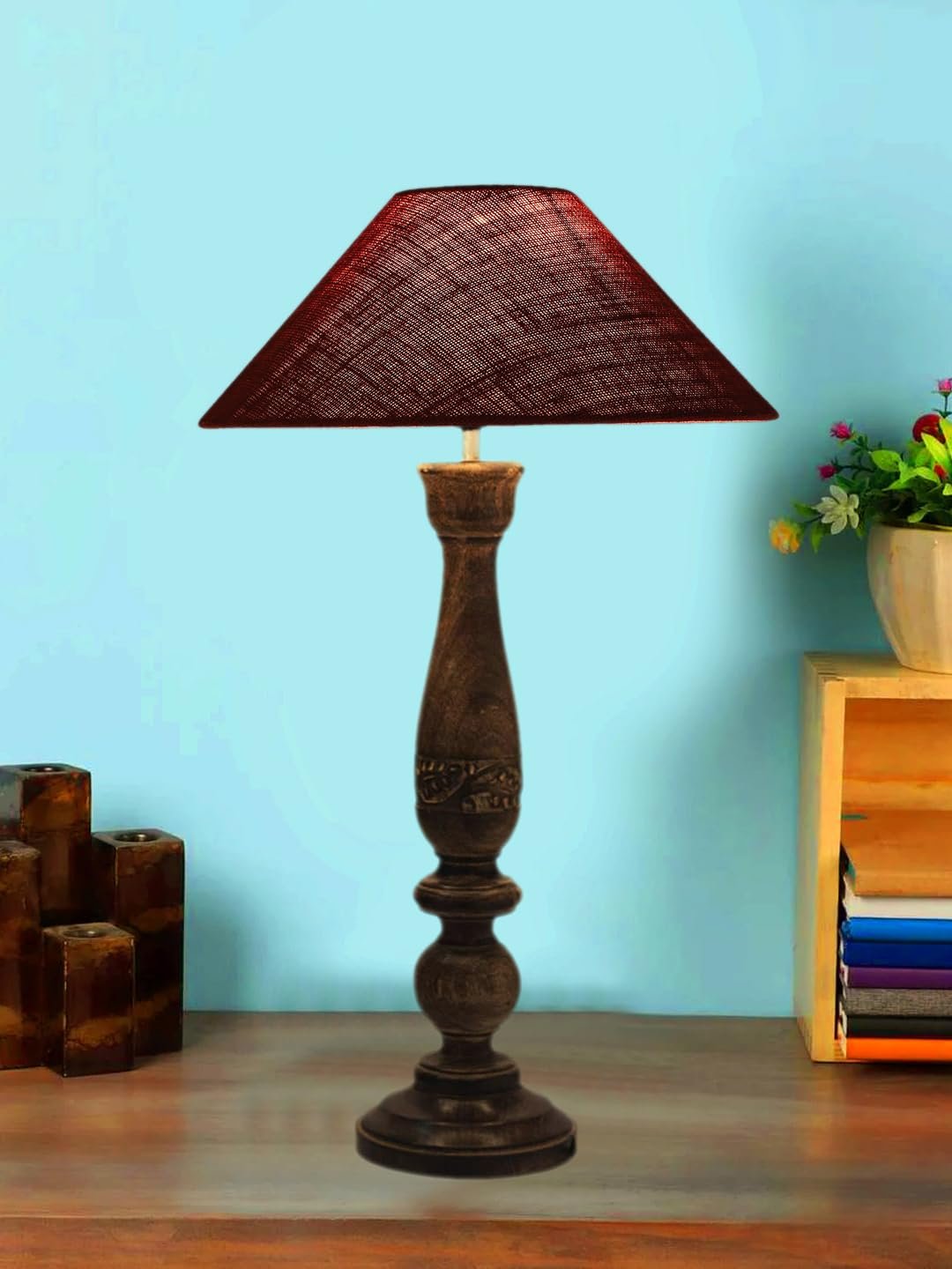 Coolie Maroon Jute Shade Lamp with Wood Base for Decoration/Office/Home/Gifting/Study for Office/Home/Gifting -(13x13x21) Inches -