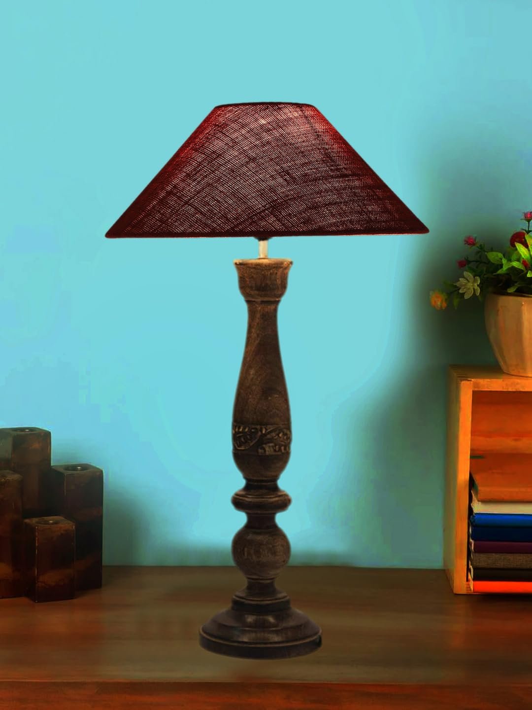 Coolie Maroon Jute Shade Lamp with Wood Base for Decoration/Office/Home/Gifting/Study for Office/Home/Gifting -(13x13x21) Inches -