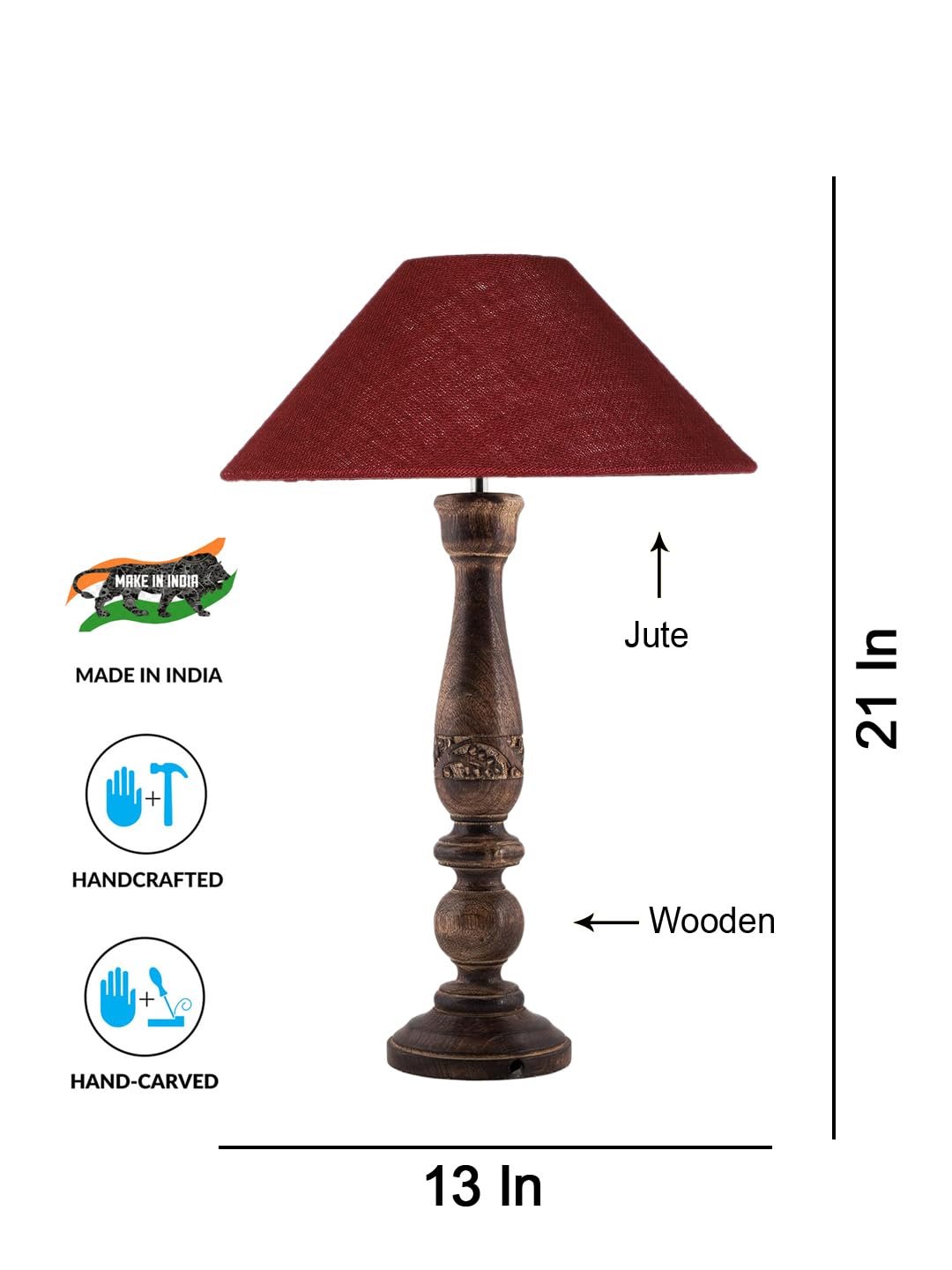 Coolie Maroon Jute Shade Lamp with Wood Base for Decoration/Office/Home/Gifting/Study for Office/Home/Gifting -(13x13x21) Inches -
