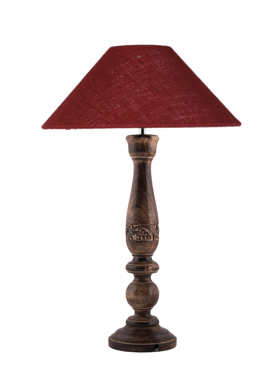 Coolie Maroon Jute Shade Lamp with Wood Base for Decoration/Office/Home/Gifting/Study for Office/Home/Gifting -(13x13x21) Inches -