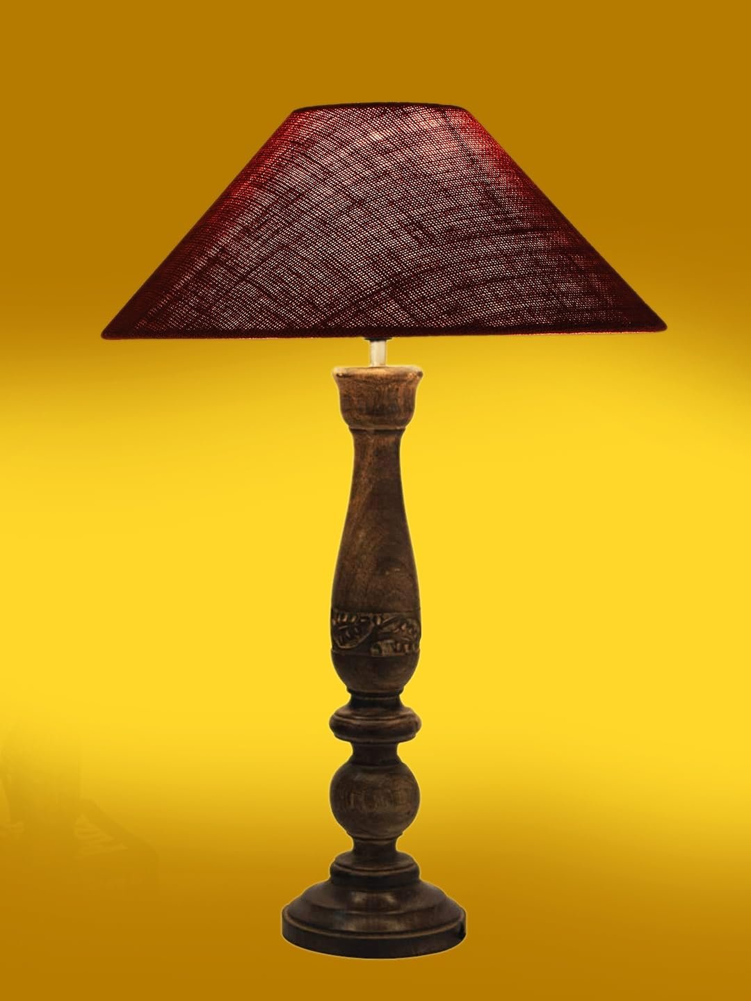 Coolie Maroon Jute Shade Lamp with Wood Base for Decoration/Office/Home/Gifting/Study for Office/Home/Gifting -(13x13x21) Inches -