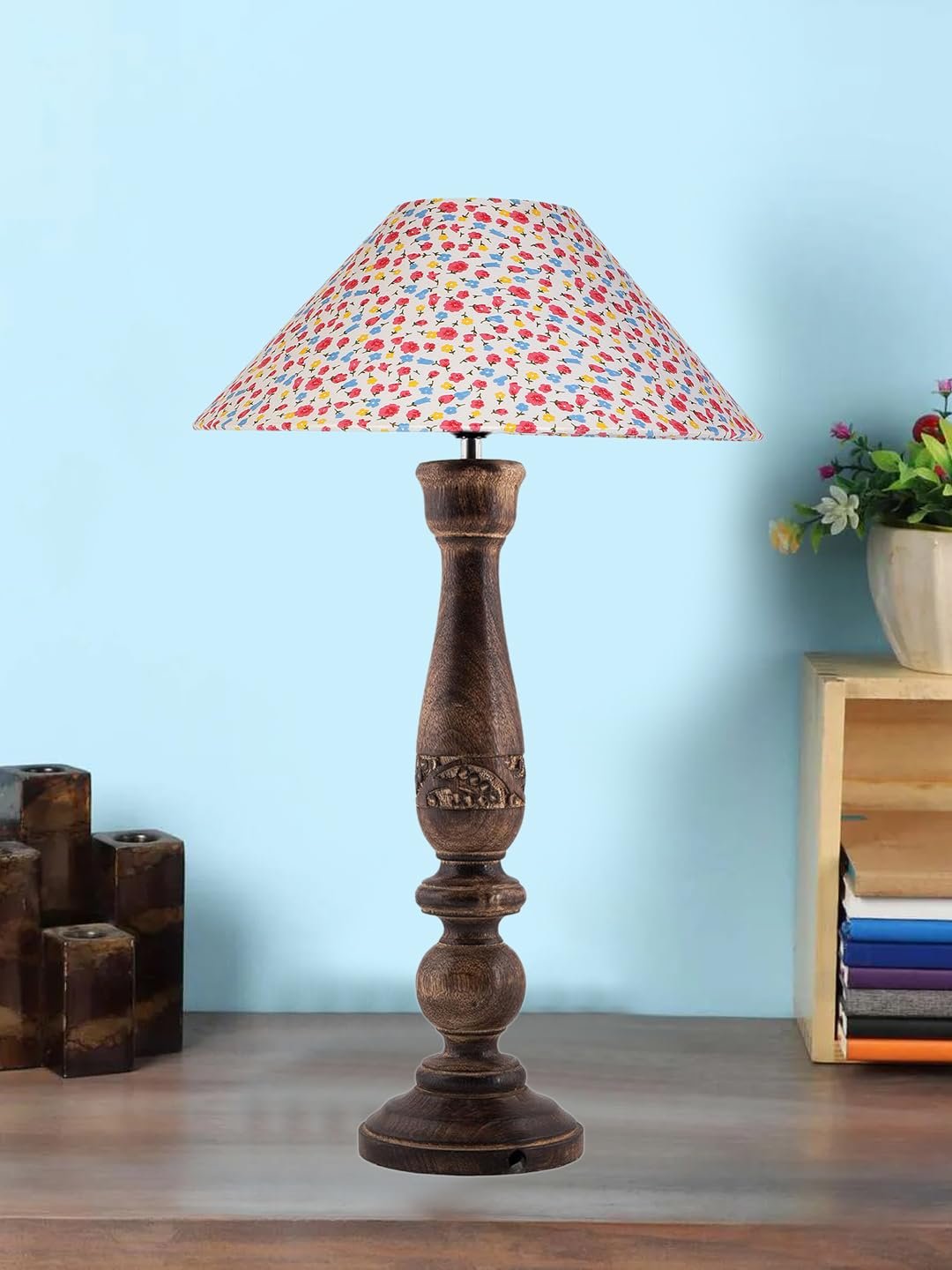 Coolie Multicolor Cotton Shade Lamp with Wood Base for Decoration/Office/Home/Gifting/Study for Office/Home/Gifting -(13x13x21) Inches -