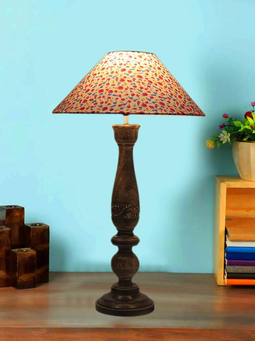 Coolie Multicolor Cotton Shade Lamp with Wood Base for Decoration/Office/Home/Gifting/Study for Office/Home/Gifting -(13x13x21) Inches -