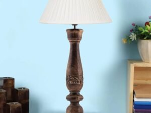 Off White Cotton Knife Pleated Shade Lamp with Wood Base for Decoration/Office/Home/Gifting/Study for Office/Home/Gifting -(12x12x22.5) Inches -