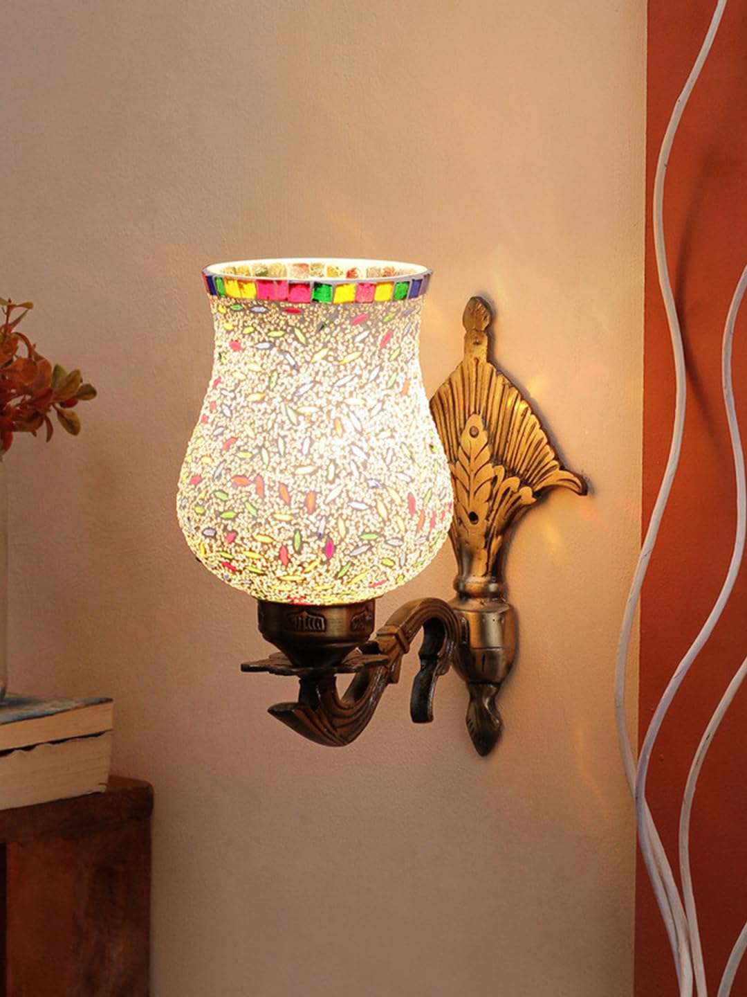 Antique Metal Wall Lamp with Multicolor Mosaic Glass -G(8.8x4.5x11)