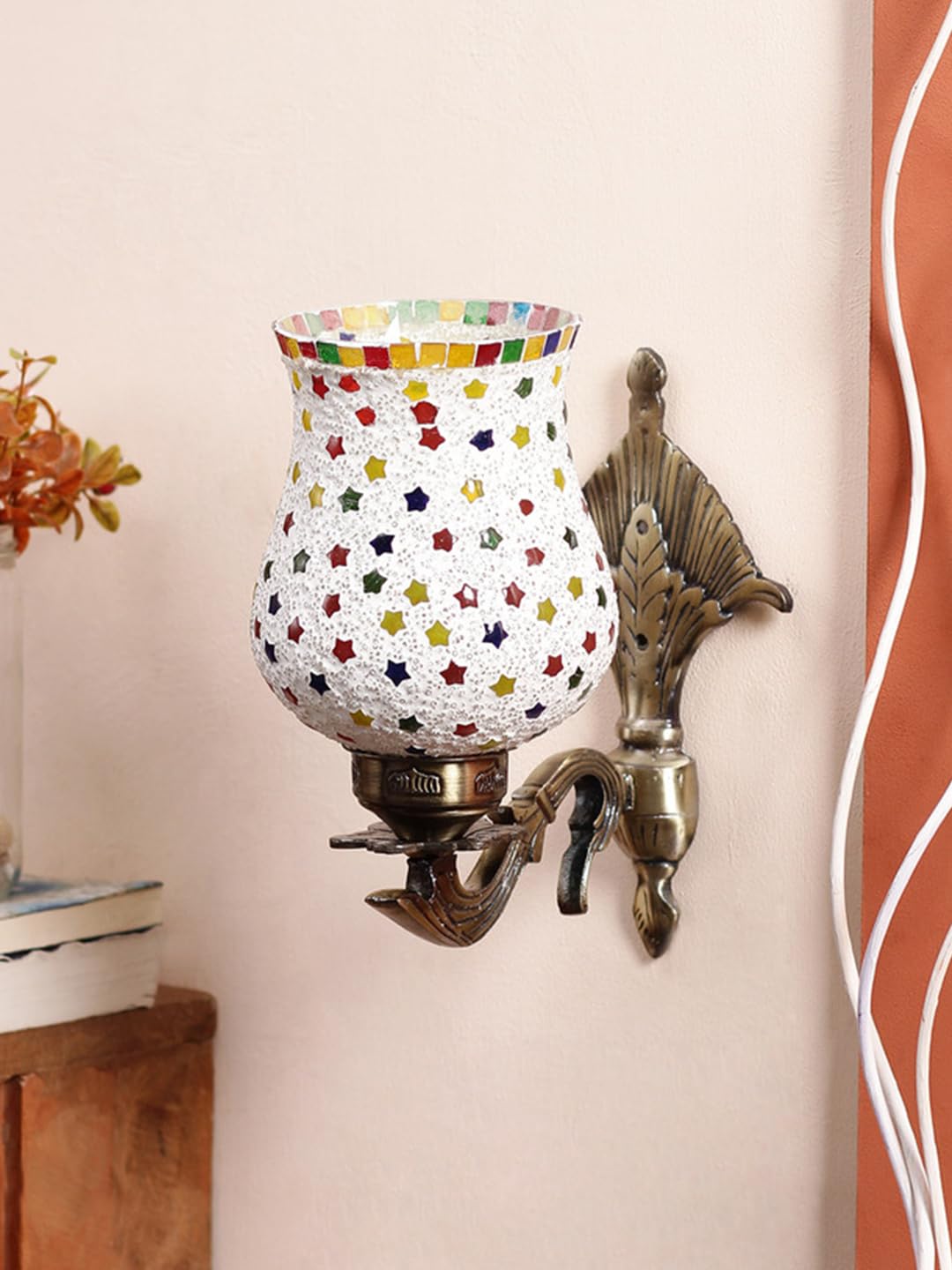 Antique Metal Wall Lamp with Multicolor Mosaic Glass -h(8.8x4.5x11)