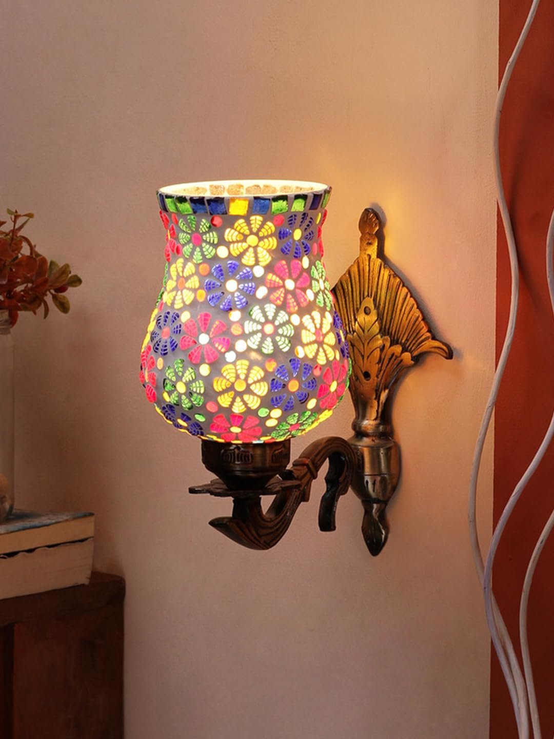 Antique Metal Wall Lamp with Multicolor Mosaic Glass -L(8.8x4.5x11)