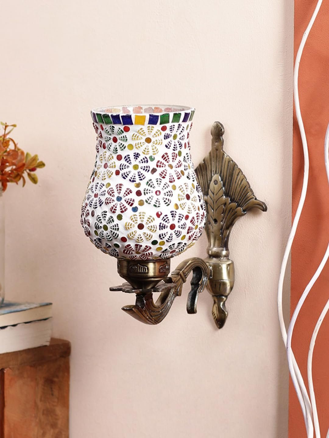 Antique Metal Wall Lamp with Multicolor Mosaic Glass -L(8.8x4.5x11)