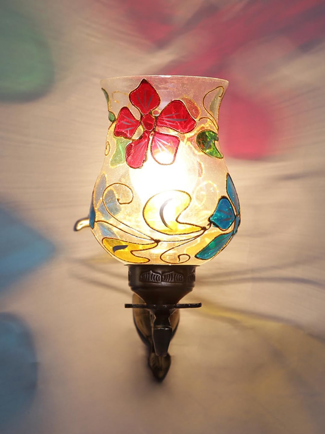 Antique Metal Wall Lamp with Multicolor Mosaic Glass -N(8.8x4.5x11)