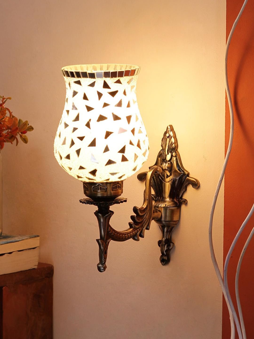Antique Metal Wall Lamp with Multicolor Mosaic Glass -O(9.3x4.5x12 Inches)