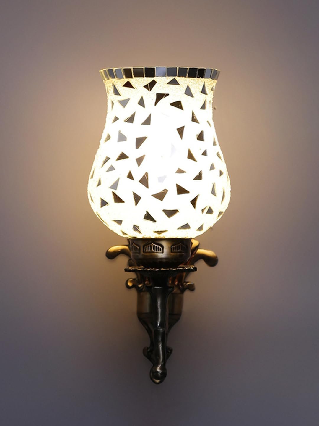 Antique Metal Wall Lamp with Multicolor Mosaic Glass -O(9.3x4.5x12 Inches)