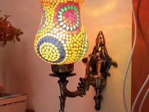Antique Metal Wall Lamp with Multicolor Mosaic Glass -Q(9.3x4.5x12 Inches)