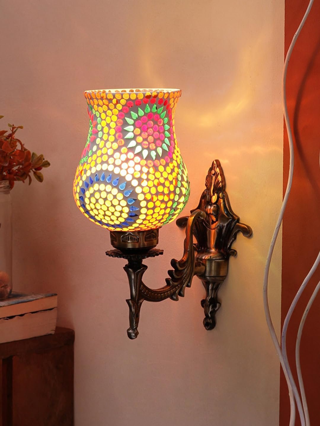 Antique Metal Wall Lamp with Multicolor Mosaic Glass -Q(9.3x4.5x12 Inches)