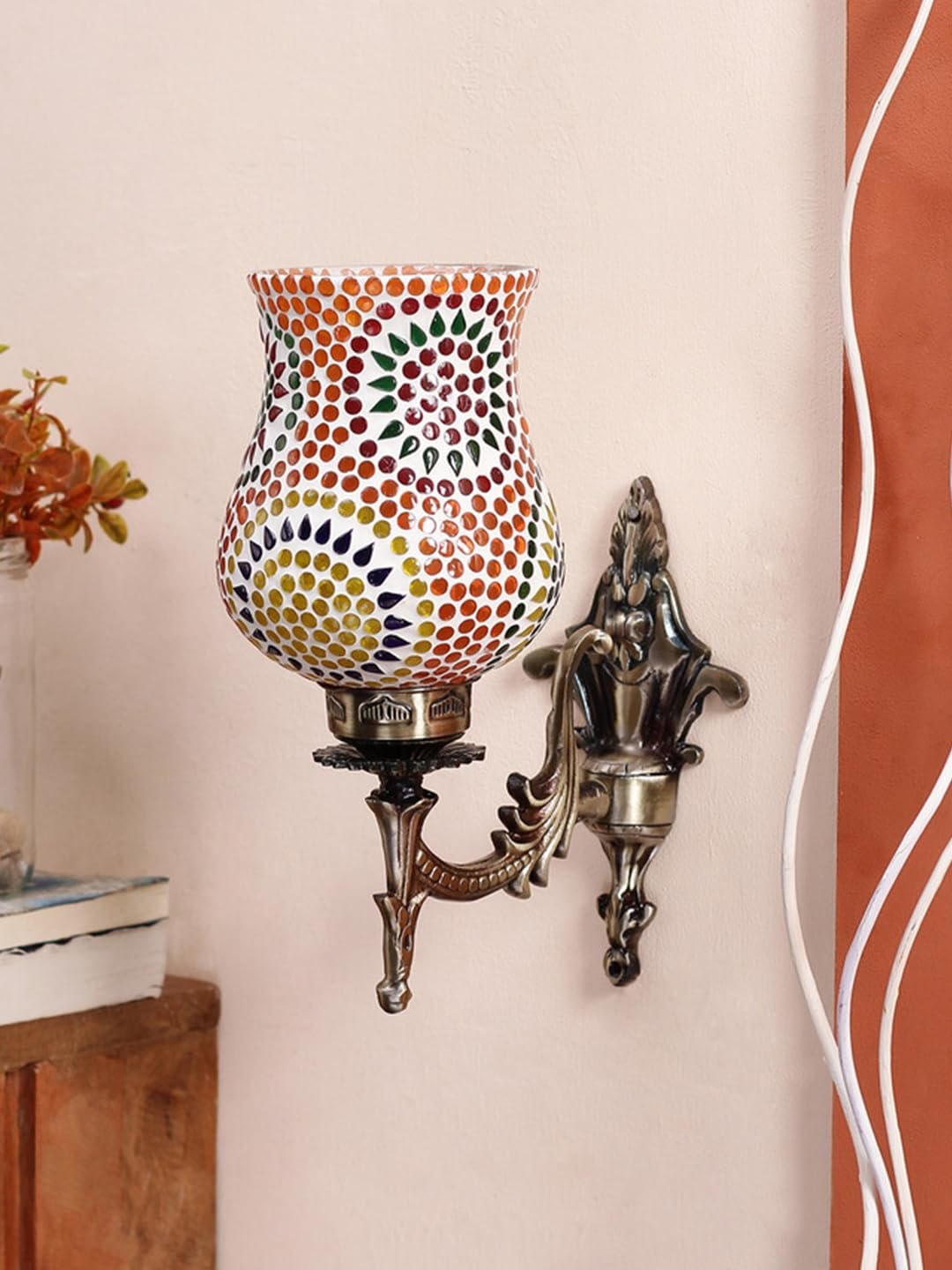 Antique Metal Wall Lamp with Multicolor Mosaic Glass -Q(9.3x4.5x12 Inches)