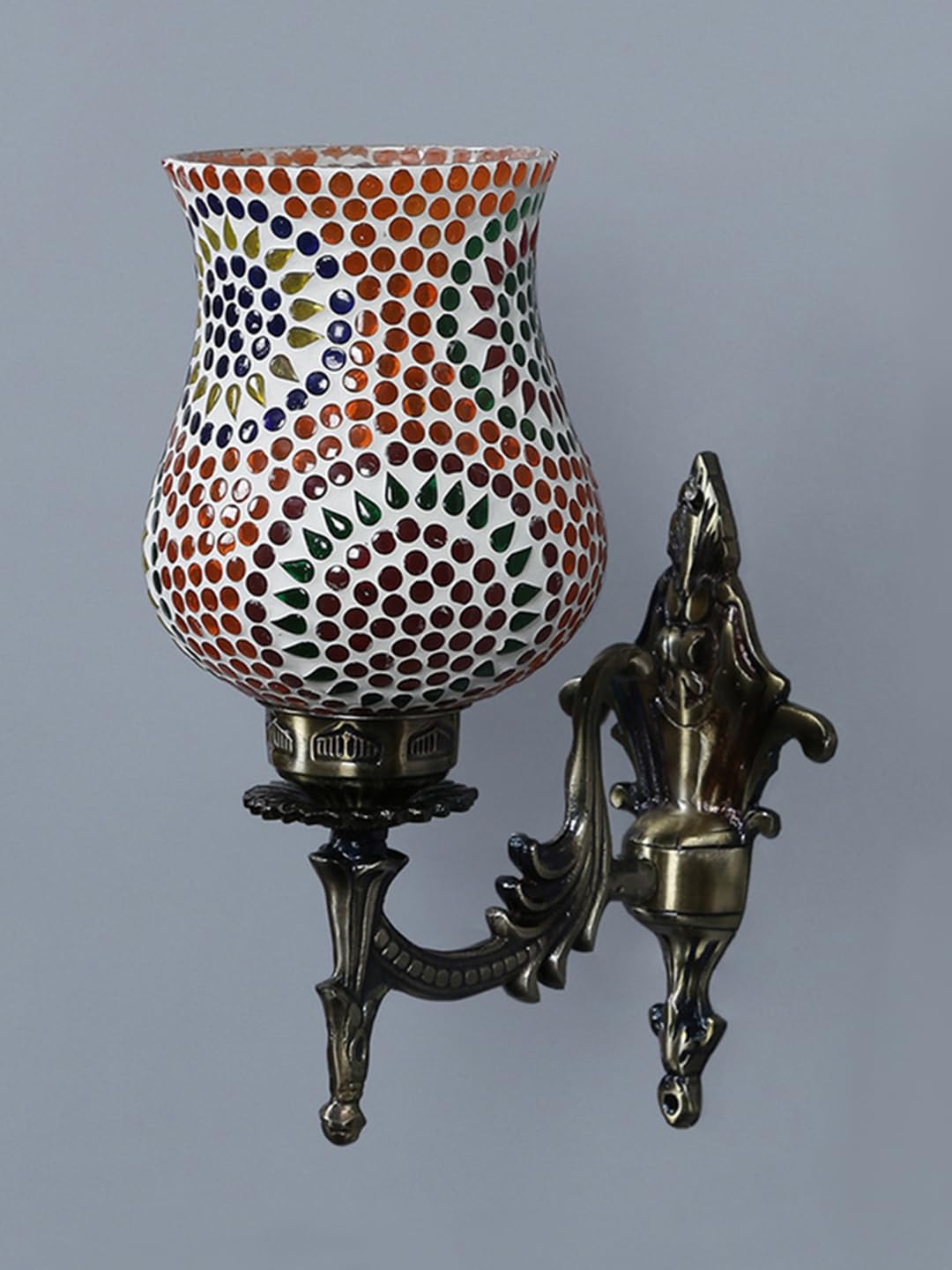 Antique Metal Wall Lamp with Multicolor Mosaic Glass -Q(9.3x4.5x12 Inches)