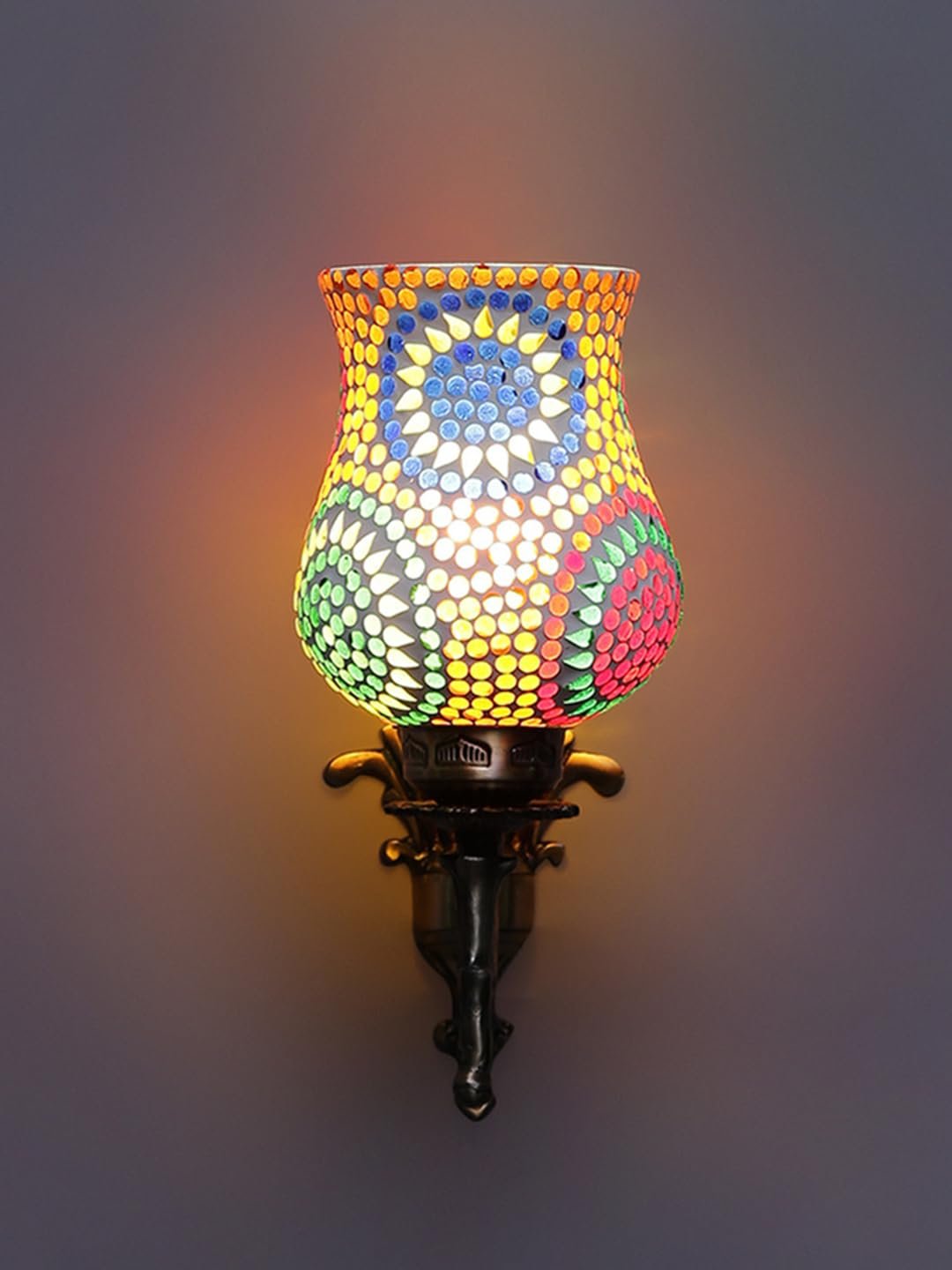Antique Metal Wall Lamp with Multicolor Mosaic Glass -Q(9.3x4.5x12 Inches)
