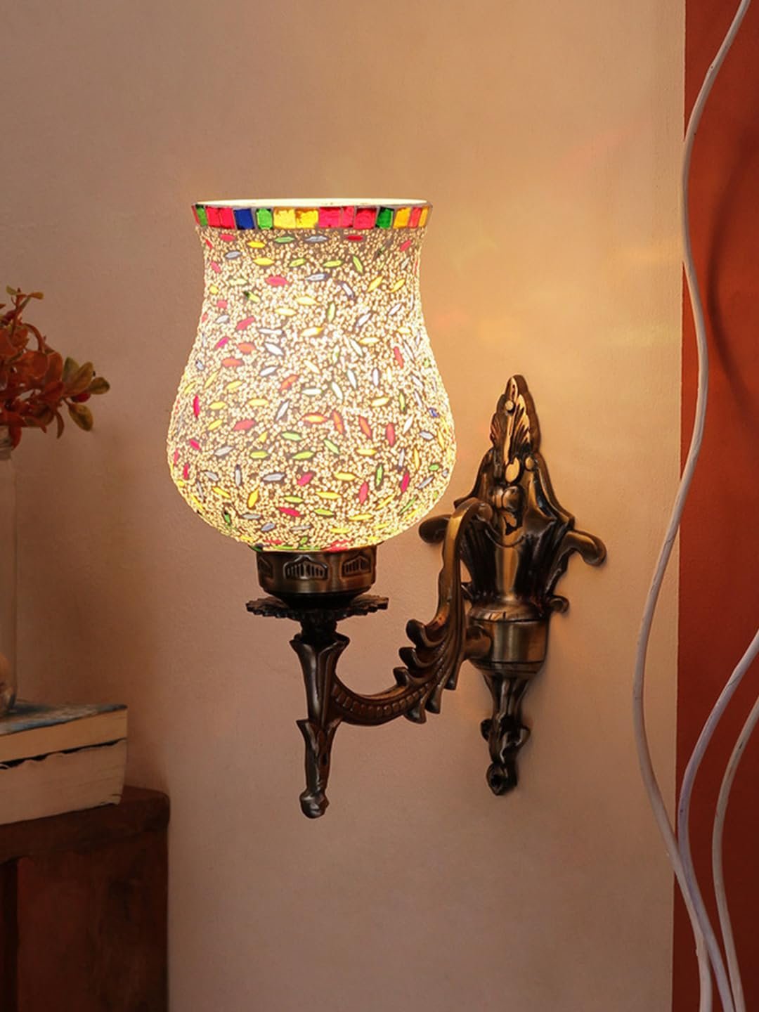 Antique Metal Wall Lamp with Multicolor Mosaic Glass -V(9.3x4.5x12 Inches)