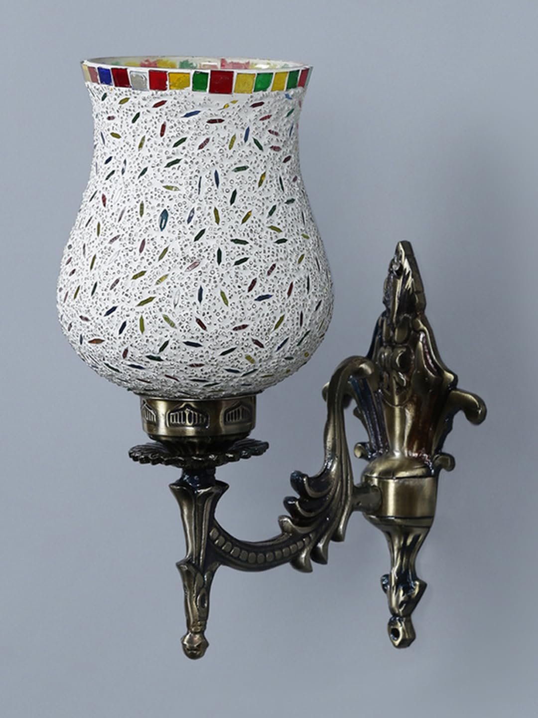Antique Metal Wall Lamp with Multicolor Mosaic Glass -V(9.3x4.5x12 Inches)