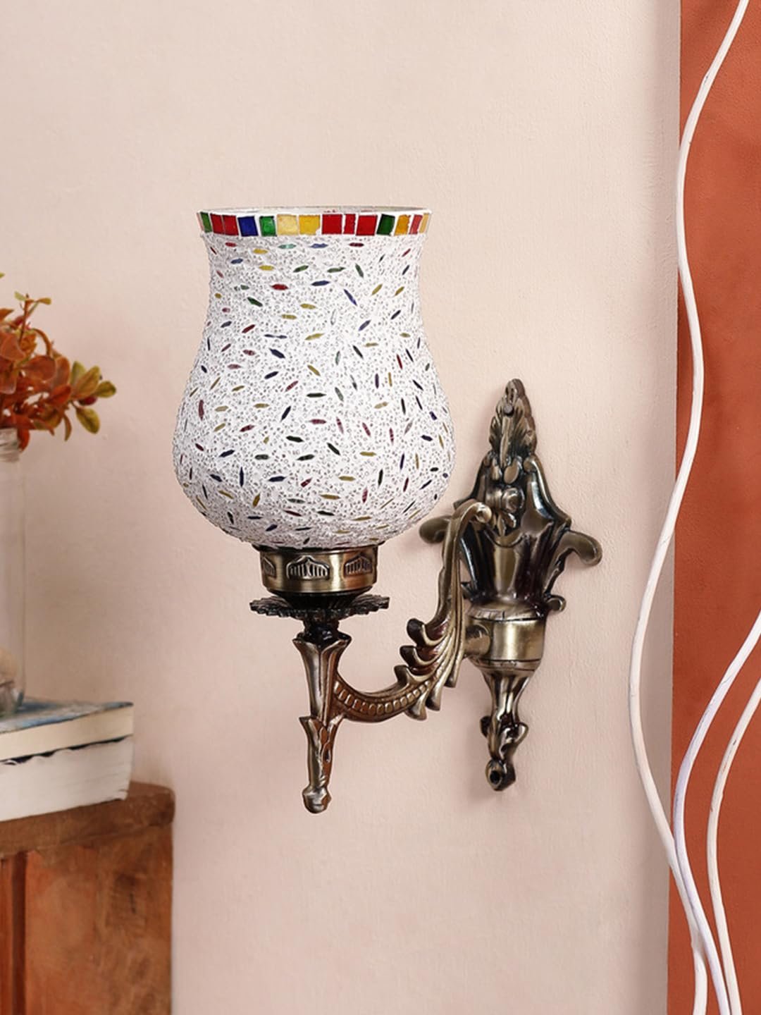 Antique Metal Wall Lamp with Multicolor Mosaic Glass -V(9.3x4.5x12 Inches)