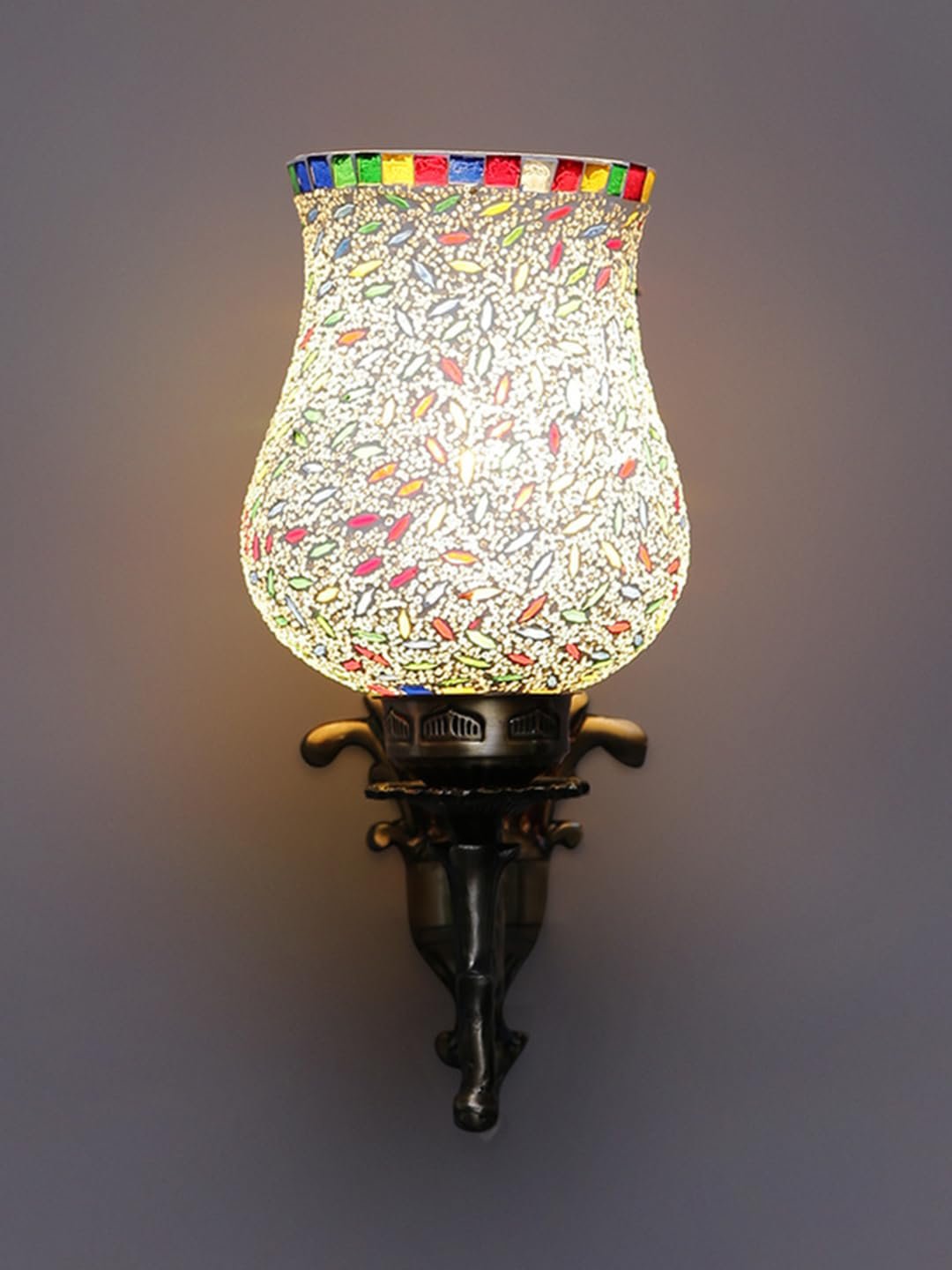 Antique Metal Wall Lamp with Multicolor Mosaic Glass -V(9.3x4.5x12 Inches)