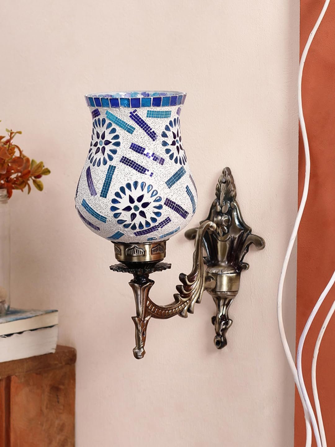 Antique Metal Wall Lamp with Multicolor Mosaic Glass -Y(9.3x4.5x12 Inches)