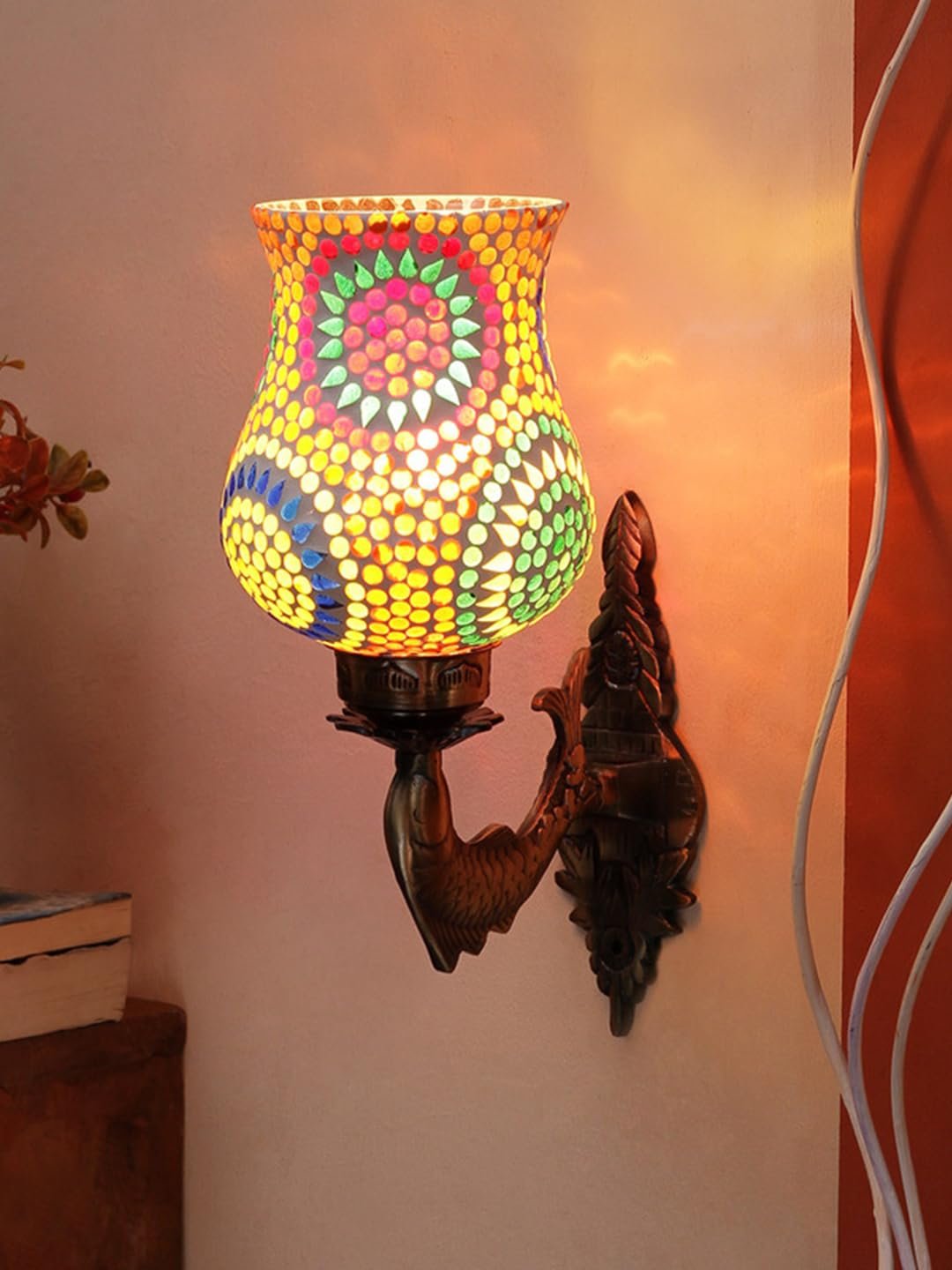 Antique Metal Fish Wall Lamp with Multicolor Mosaic Glass -AF(8.5x4.5x14 Inches)