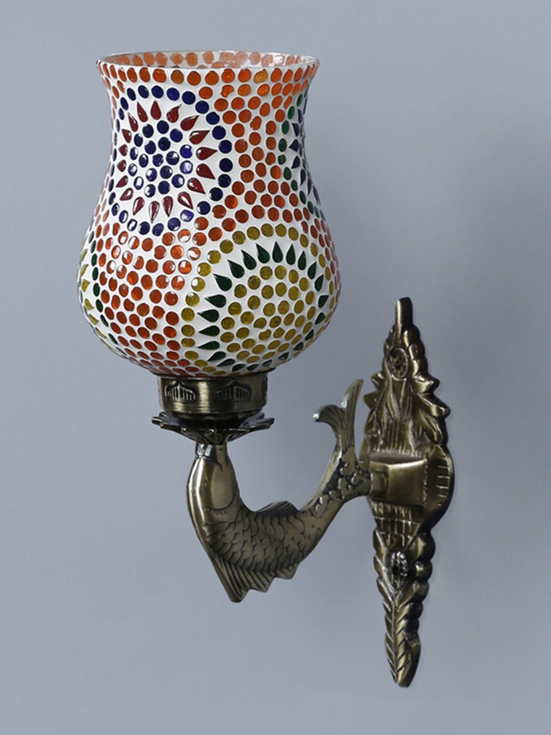 Antique Metal Fish Wall Lamp with Multicolor Mosaic Glass -AF(8.5x4.5x14 Inches)