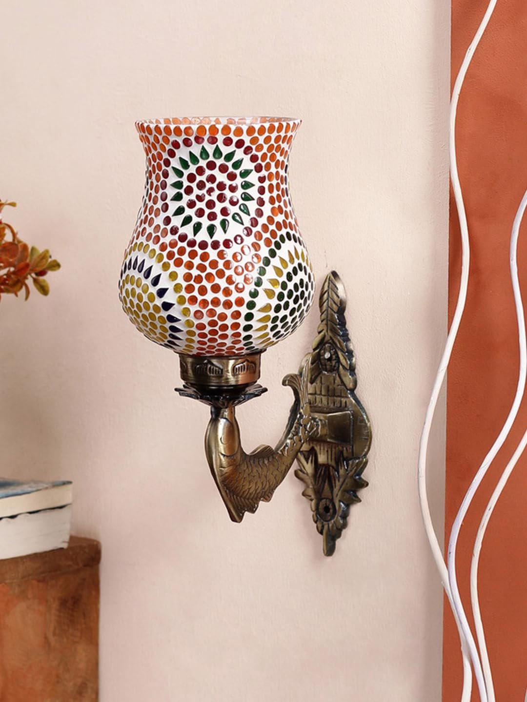 Antique Metal Fish Wall Lamp with Multicolor Mosaic Glass -AF(8.5x4.5x14 Inches)