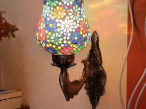 Antique Metal Fish Wall Lamp with Multicolor Mosaic Glass -Ag(8.5x4.5x14 Inches)