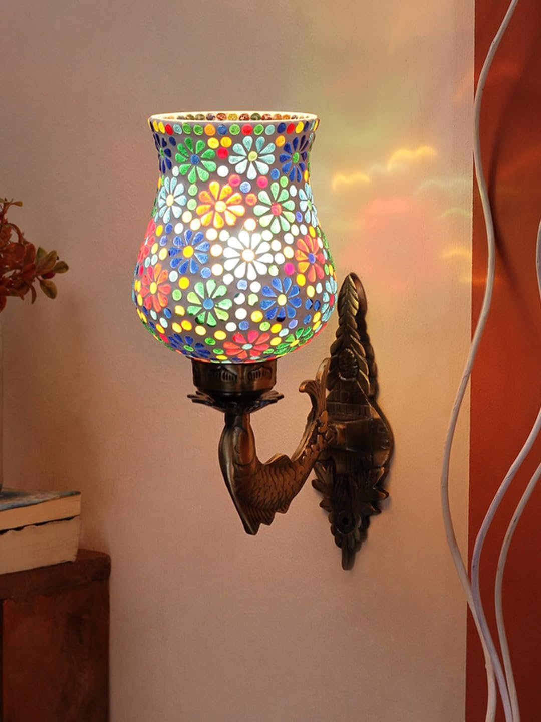 Antique Metal Fish Wall Lamp with Multicolor Mosaic Glass -Ag(8.5x4.5x14 Inches)