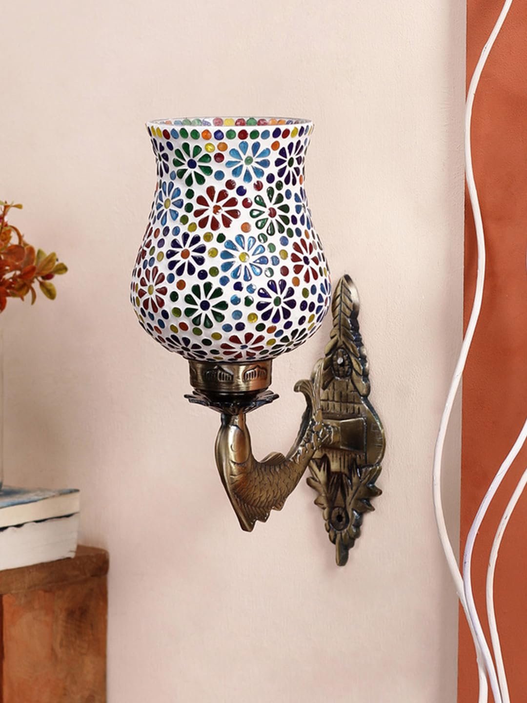 Antique Metal Fish Wall Lamp with Multicolor Mosaic Glass -Ag(8.5x4.5x14 Inches)