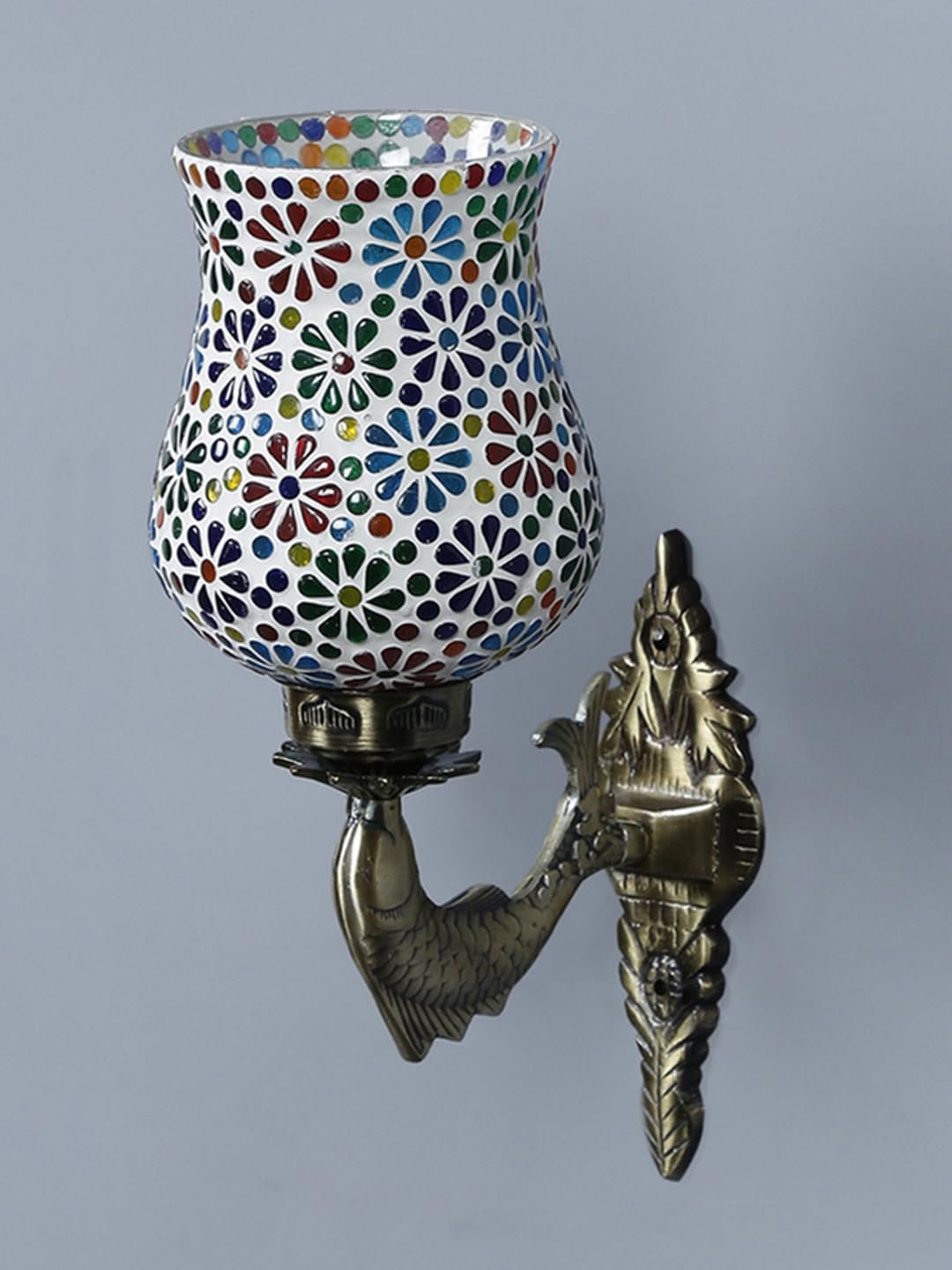 Antique Metal Fish Wall Lamp with Multicolor Mosaic Glass -Ag(8.5x4.5x14 Inches)