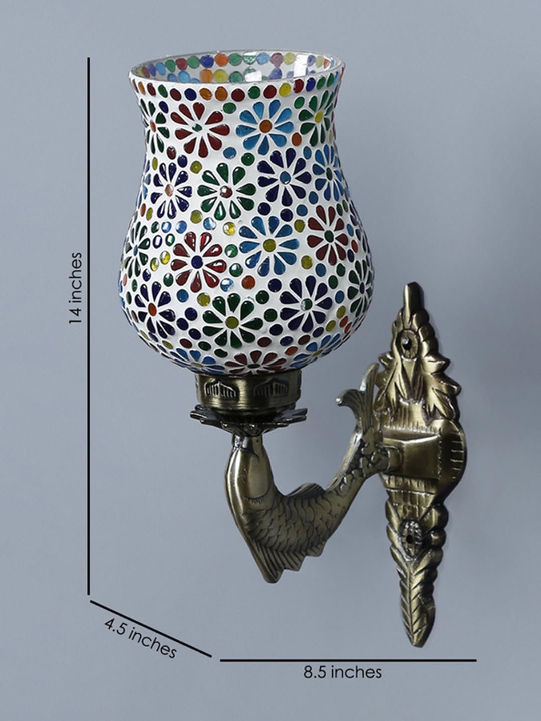 Antique Metal Fish Wall Lamp with Multicolor Mosaic Glass -Ag(8.5x4.5x14 Inches)
