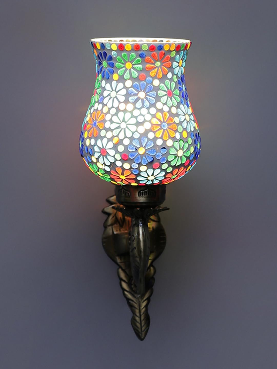 Antique Metal Fish Wall Lamp with Multicolor Mosaic Glass -Ag(8.5x4.5x14 Inches)