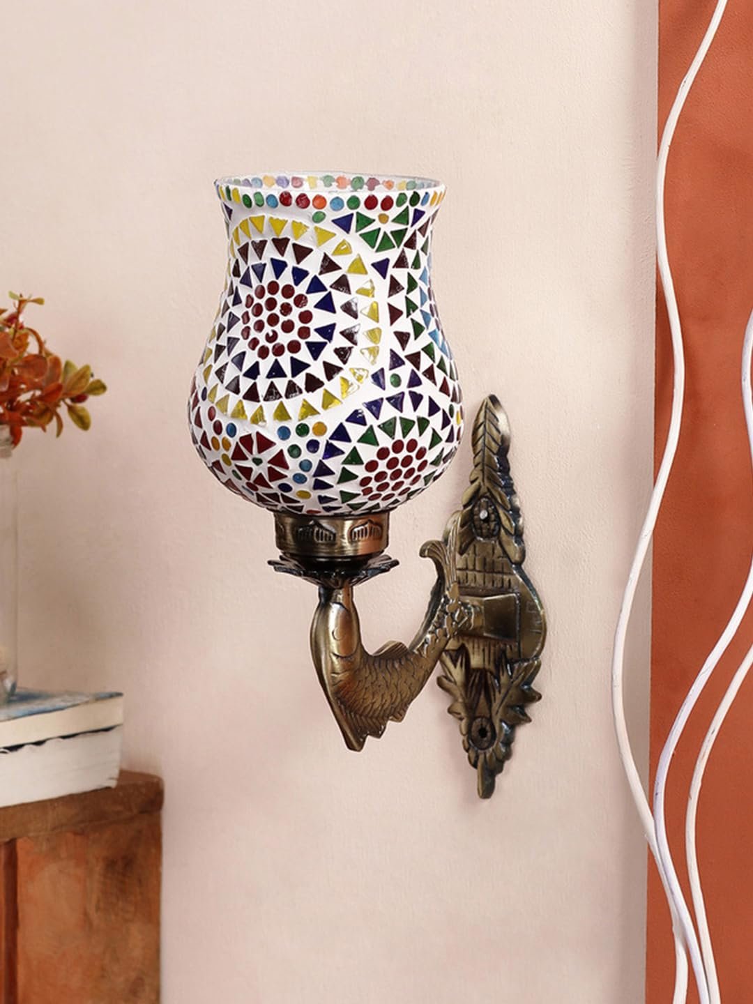 Antique Metal Fish Wall Lamp with Multicolor Mosaic Glass -AH(8.5x4.5x14 Inches)
