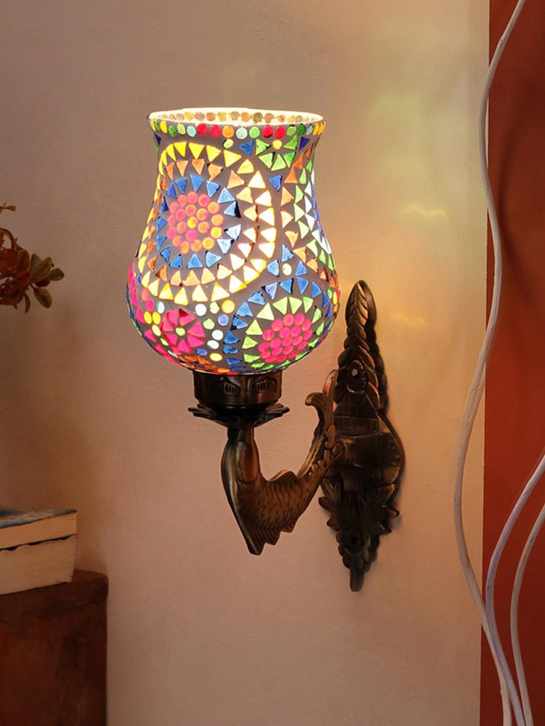 Antique Metal Fish Wall Lamp with Multicolor Mosaic Glass -AH(8.5x4.5x14 Inches)