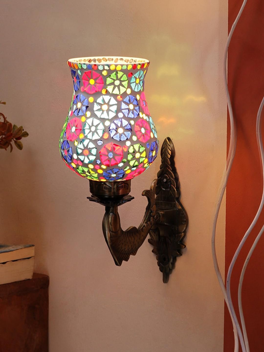 Antique Metal Fish Wall Lamp with Multicolor Mosaic Glass_AI(8.5x4.5x14 Inches)