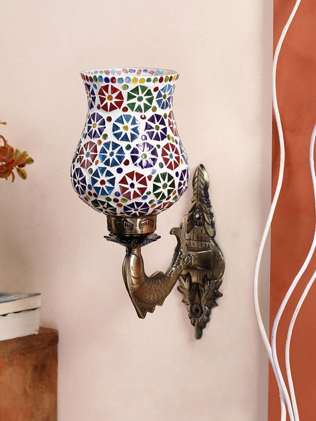 Antique Metal Fish Wall Lamp with Multicolor Mosaic Glass_AI(8.5x4.5x14 Inches)