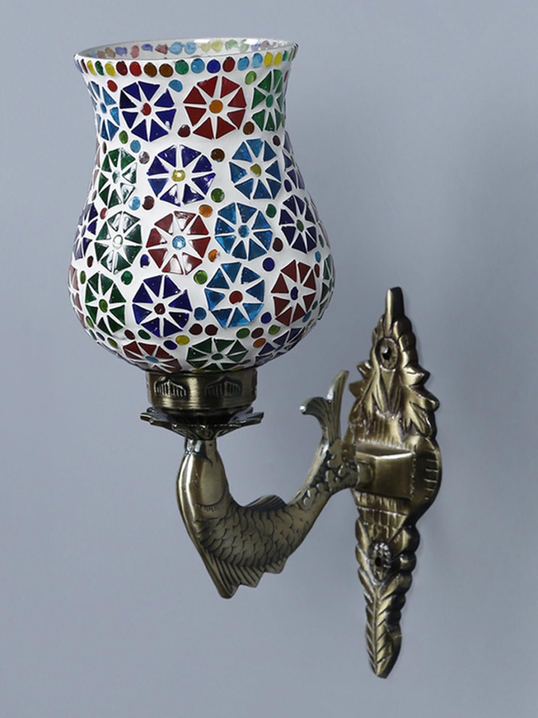 Antique Metal Fish Wall Lamp with Multicolor Mosaic Glass_AI(8.5x4.5x14 Inches)